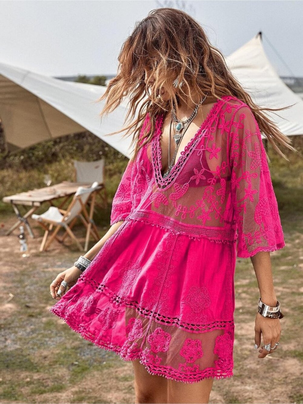 Women's Hot Pink Rayon V-Neck Coverup Mesh Lace Bathing Suit Swimsuit Coverup - Picture 3 of 6